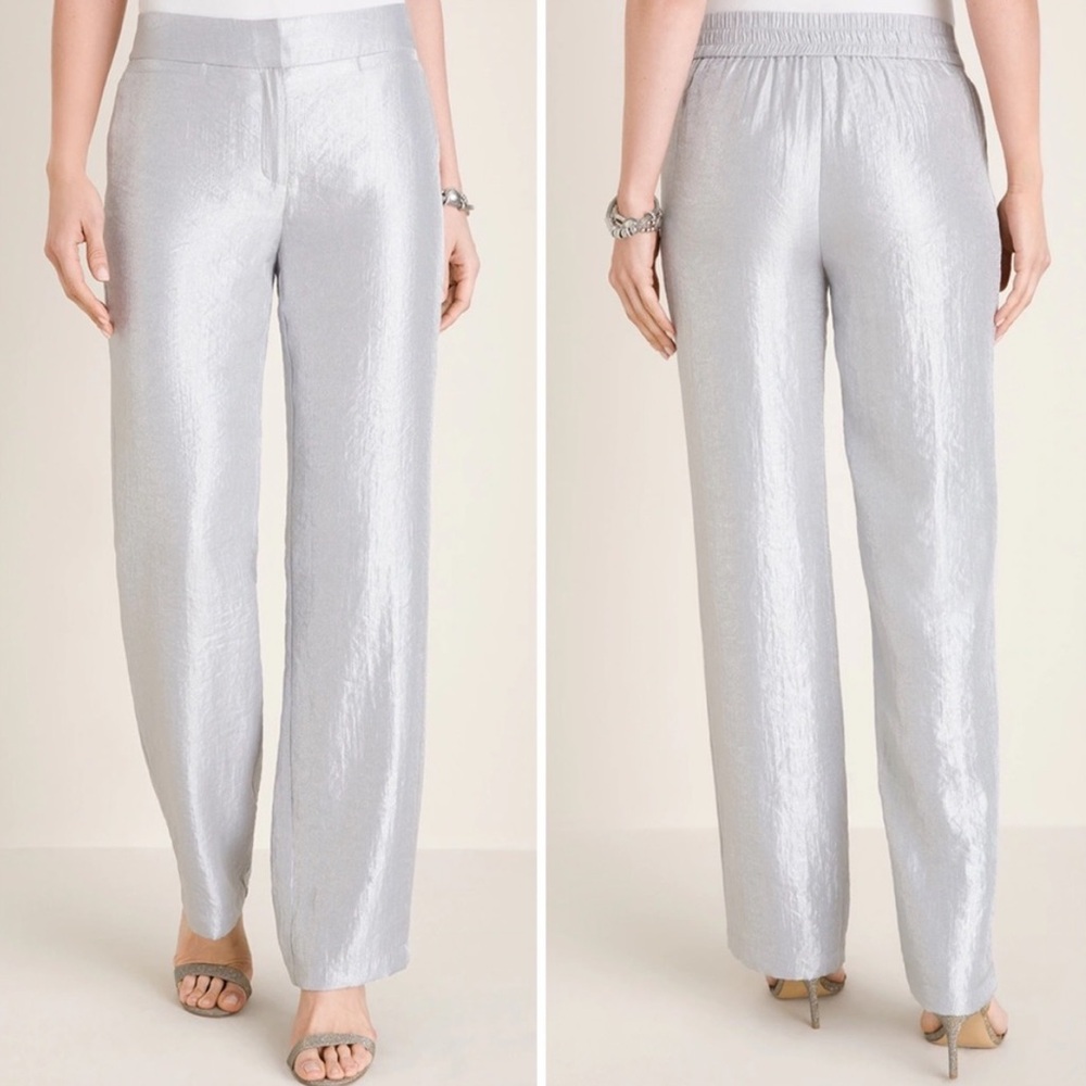 Chico’s Travelers Collection Metallic Sheen Welt-Pocket Pants Silver 0 / 4R